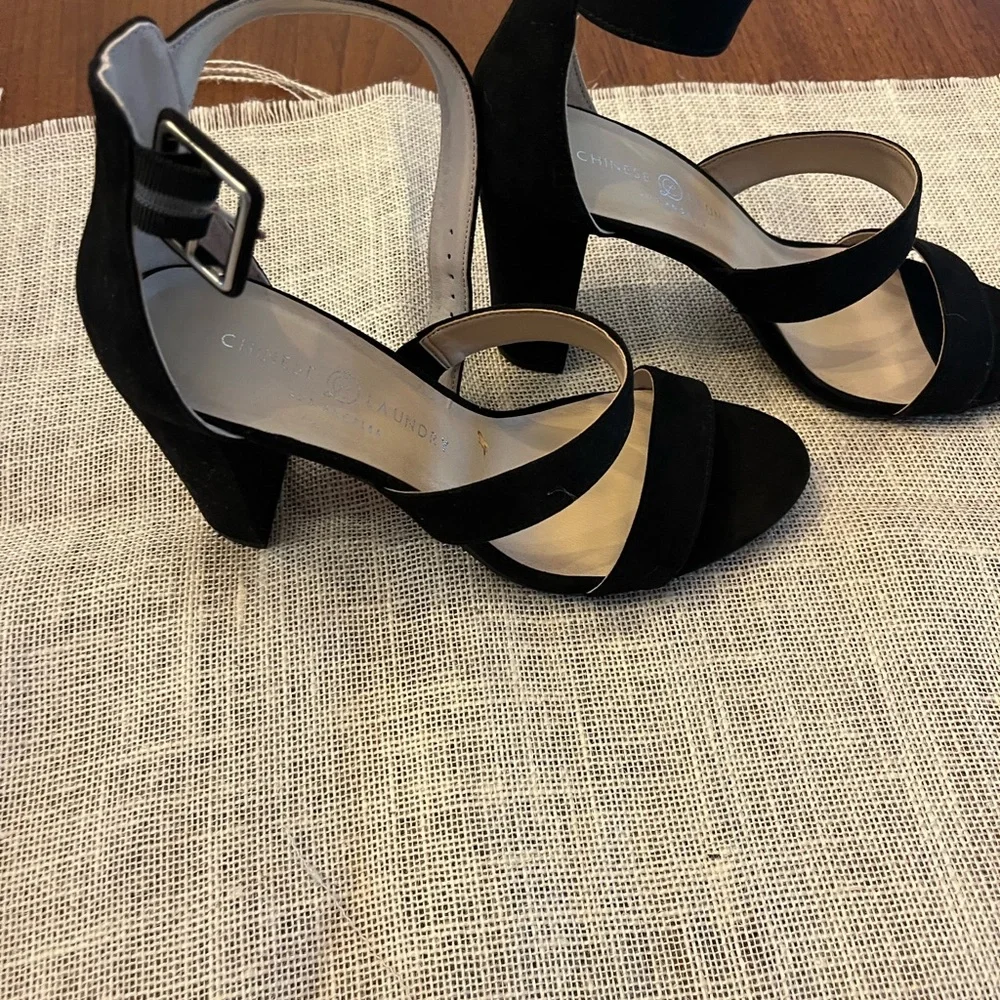 Chinese Laundry Black Suede Heels with Strappy Design